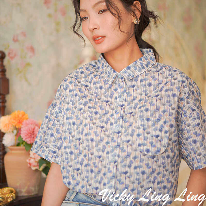 LIBERTY夏季通勤碎花翻领短袖衬衫女韩版宽松洋气简约上衣
