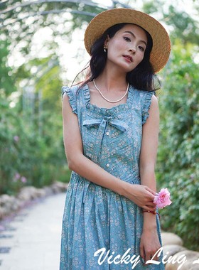 LIBERTY无袖蓝色风琴褶连衣裙清新夏新款