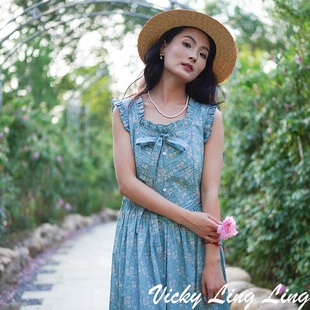 LIBERTY无袖 蓝色风琴褶连衣裙清新夏新款