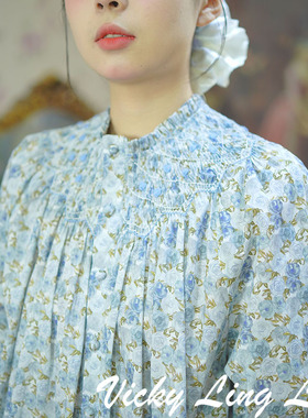 liberty蓝玫瑰/蓝色故事岛绣花打缆连衣裙（多色可选）