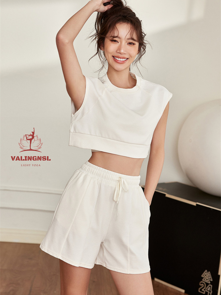 VALINGNSL夏季新款宽松运动套装女短款露脐瑜伽服T恤休闲健身短裤