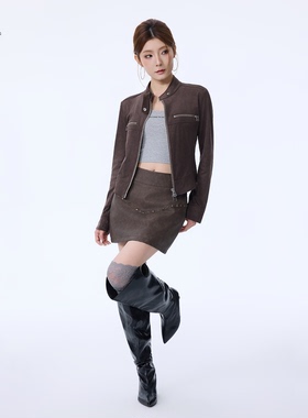 STN复古收腰显瘦工装麂皮短款外套新款立领机车飞行夹克上衣女