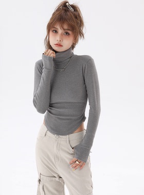 STN美式辣妹高领修身加绒磨毛打底衫女2025新款弹力秋冬长袖针织