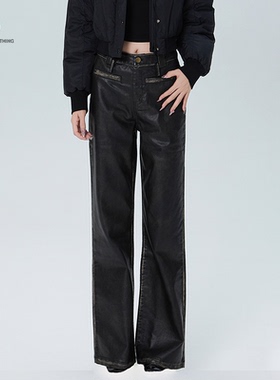 STN原创直筒擦色皮裤2025新款美式复古低腰显瘦设计感时尚皮裤女