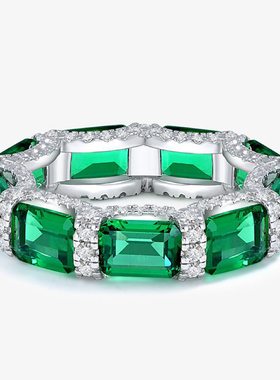 S925纯银方钻祖母绿复古排戒钻戒白金轻奢简约小众女情侣食指环