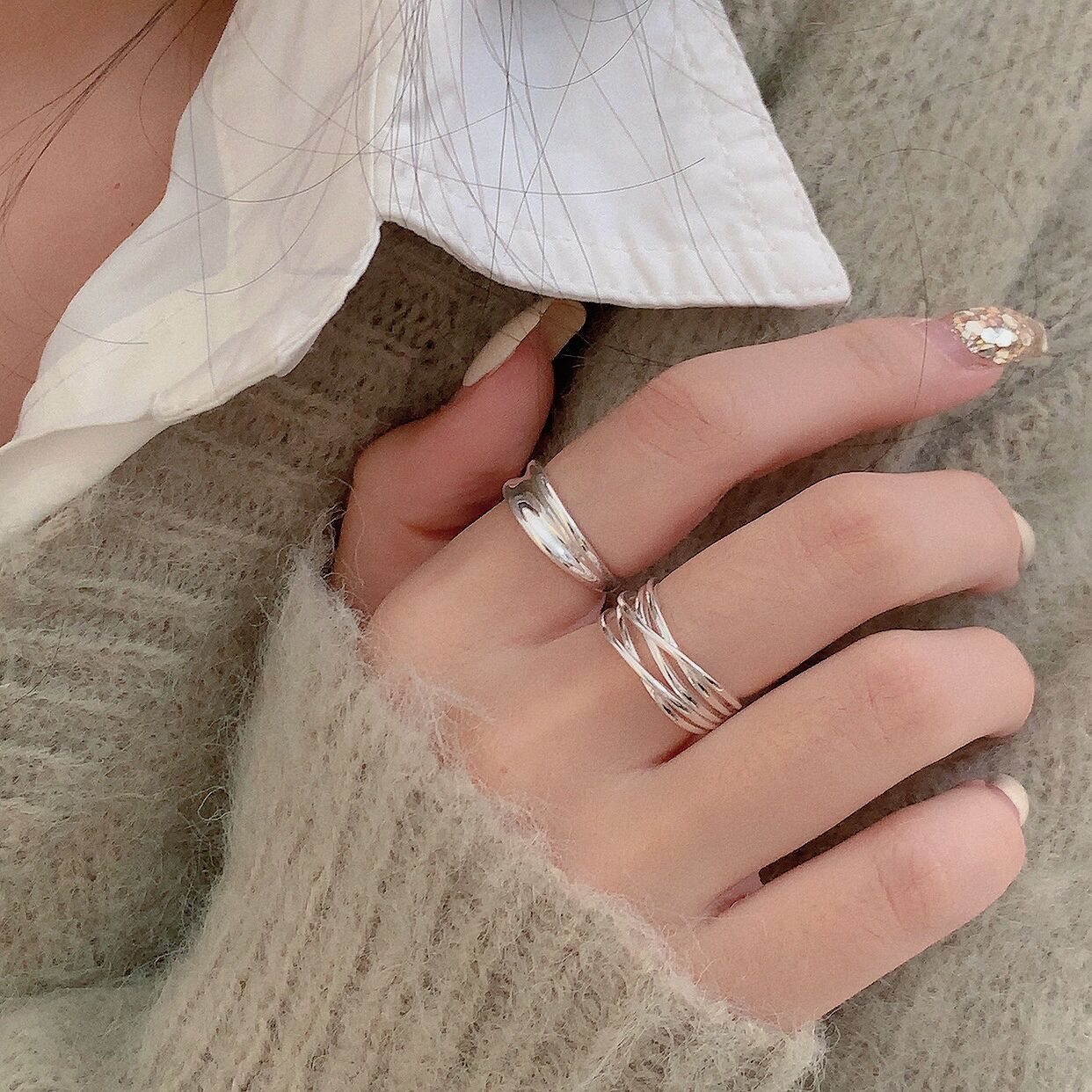 S925纯银线条缠绕开口戒指女韩国新款ins潮简约冷淡风小众指环