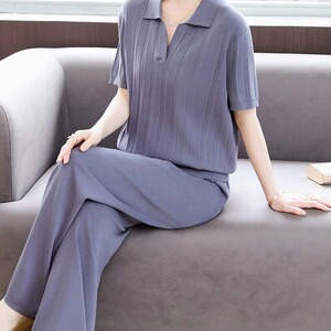 夏季立领针织套装新款中老年妈妈休闲两件套时尚减龄压褶女装上衣