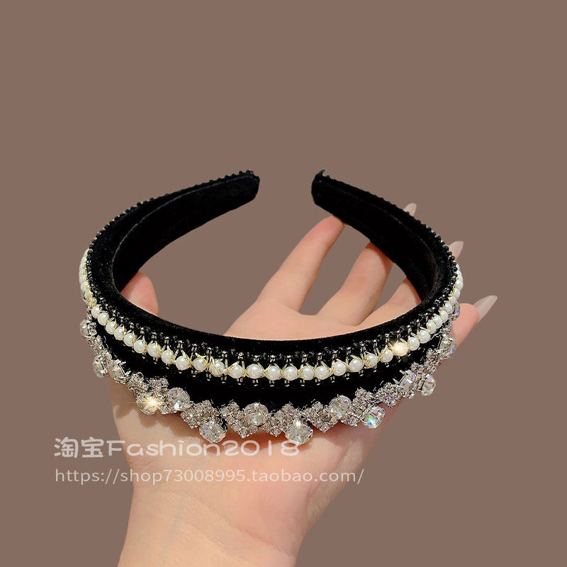 时尚宫廷风珍珠水晶镶钻发箍女高颅顶带齿水晶发卡女宽边优雅奢华