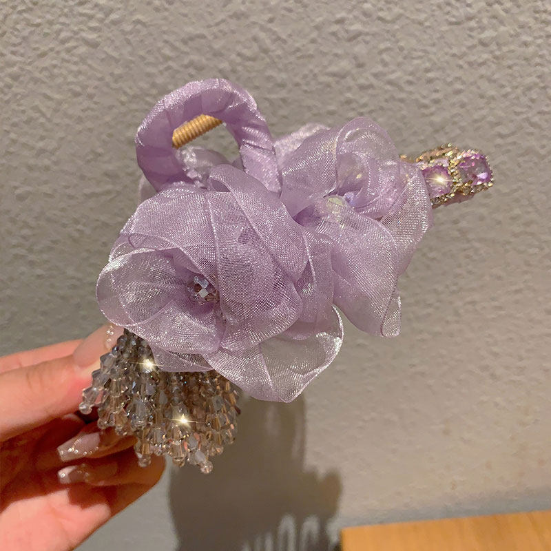 韩版网纱超仙流苏花朵发夹轻奢镶钻抓夹大号后脑勺全抓盘发鲨鱼夹