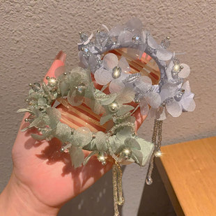 2024年新款初秋网纱水晶花朵流苏发夹女高端显发量散发发卡头饰品