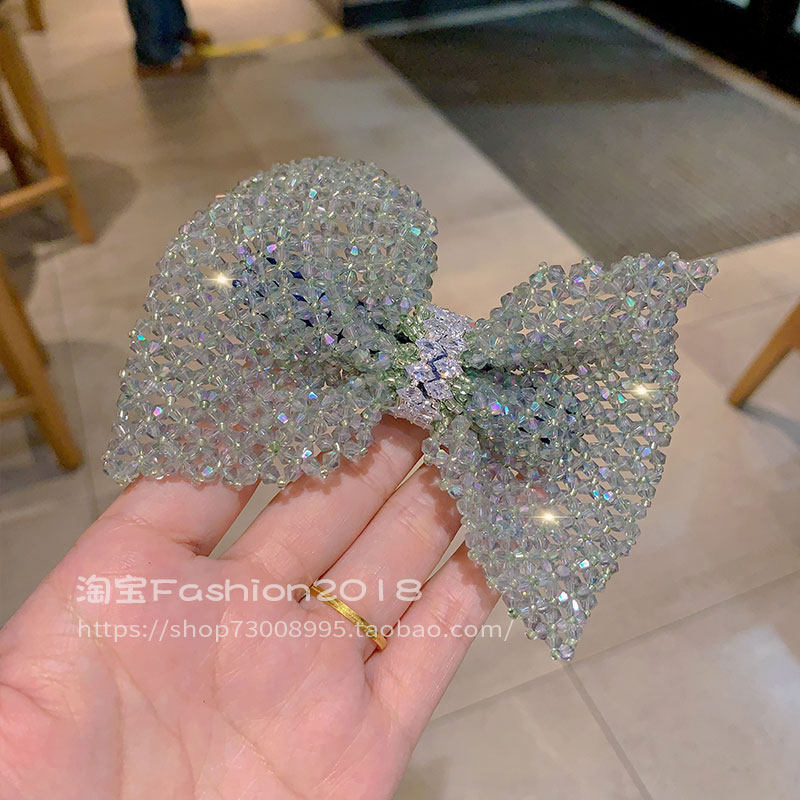 蝴蝶结发夹时髦精百搭轻奢水晶手工编织弹簧夹2024新款韩系发卡子