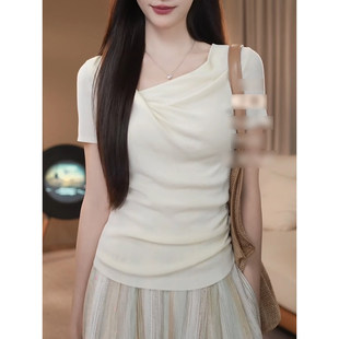 设计感荡领收腰短袖T恤女夏季新款好看修身显瘦时尚气质百搭上衣