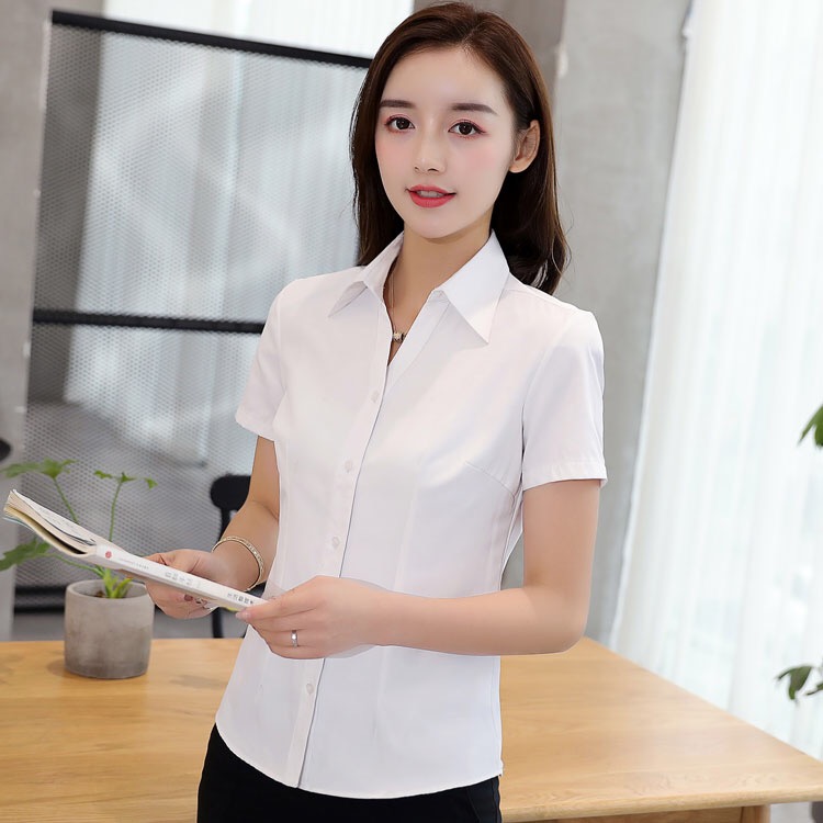 白衬衫女职业装短袖白色衬衣工作服夏季酒店餐厅服务员上班面试ol