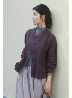忘城T605座/森紫暮色/秋款6支亚麻双层复古休闲立领外套长袖上衣