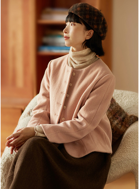 忘城H628座/粉色力量/23冬新品超细羊毛混纺水晶粉羊毛呢短外套女