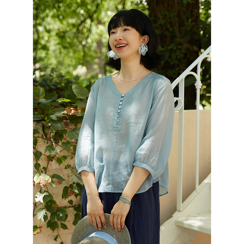 文艺休闲薄款v领100%苎麻小衫