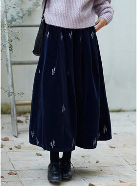 忘城H657座/风吹麦浪/23冬新品平绒棉混纺重工满绣A字双层半身裙