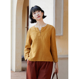 14支干洗亚麻设计H型圆领黄色文艺小衫 春季 迎春花开 忘城N689座