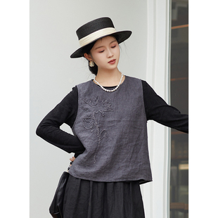17支色织亚麻绣花背心马甲女百搭 早秋新款 忘城N829座 墨香雅韵