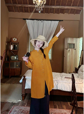 忘城A864座/向阳花/春季14支干洗亚麻正肩中式立领风衣外套中长款