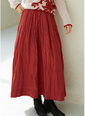 忘城Y553座/红色舞者/秋冬新款14支色织亚麻红色a字半身裙双层女