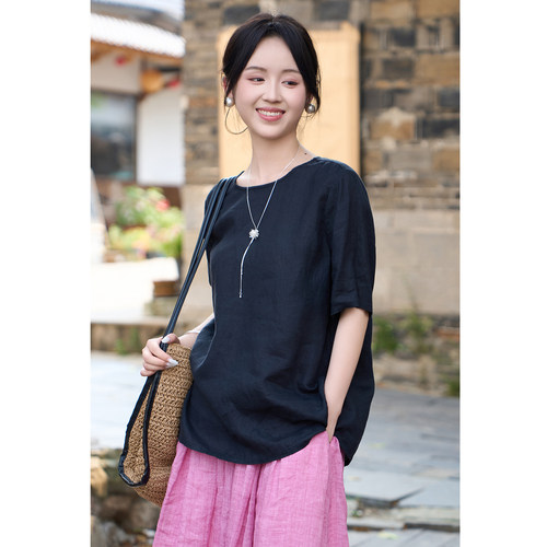 夏季21支汉麻透气防晒短袖小衫女