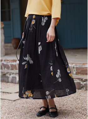 忘城Y660座/春风渡/春季21支亚麻黑色定制印花中长款a字半身裙女