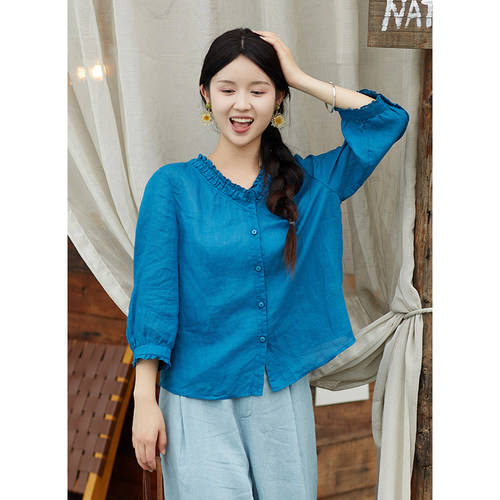 忘城A956座/早秋新款42支苎麻v领荷叶边衬衫正肩显瘦衬衣减龄洋气