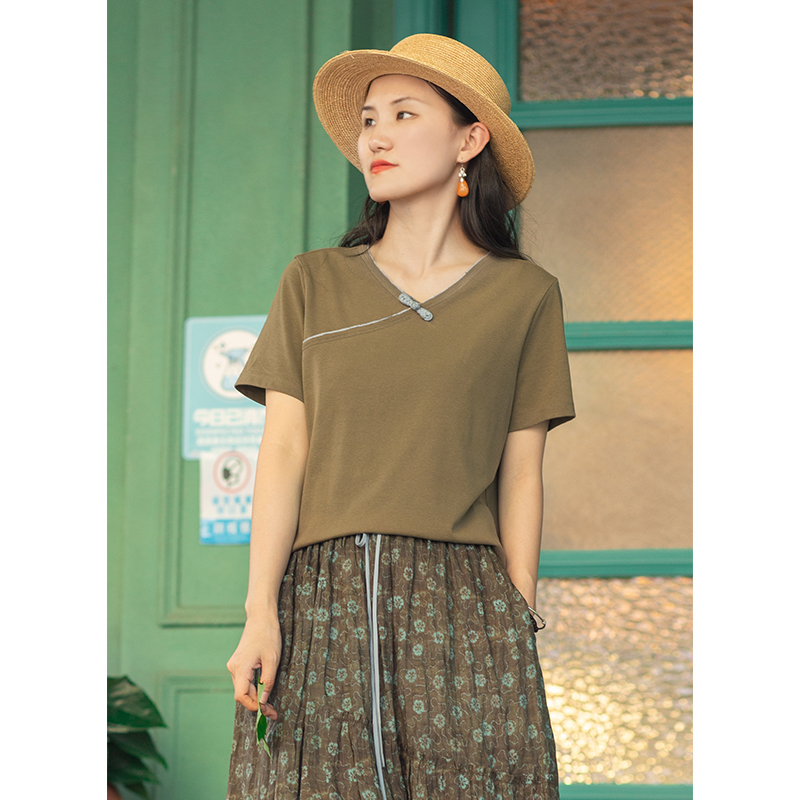 短袖文艺常规盘扣棉女