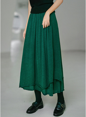 忘城S682座/绿色清幽/2022秋新款防缩澳毛双层卷边羊毛显瘦半裙