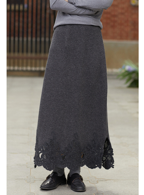 忘城N844座/谧境/秋冬新款灰色绵羊毛半身裙不规则提花下摆半裙女