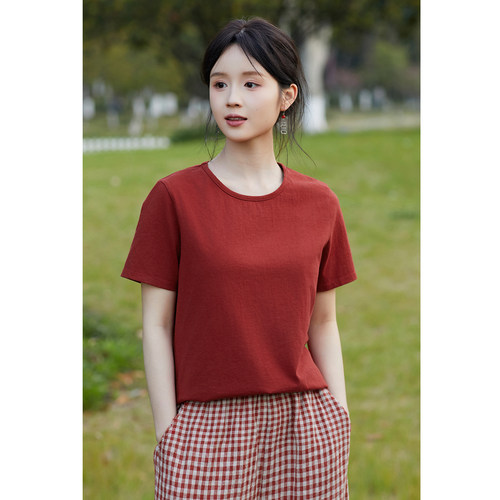 春夏100%棉圆领短袖T恤女百搭