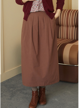 忘城H1013座/在暖阳下/冬60支全棉高密仿丝棉咖色夹棉直筒半身裙
