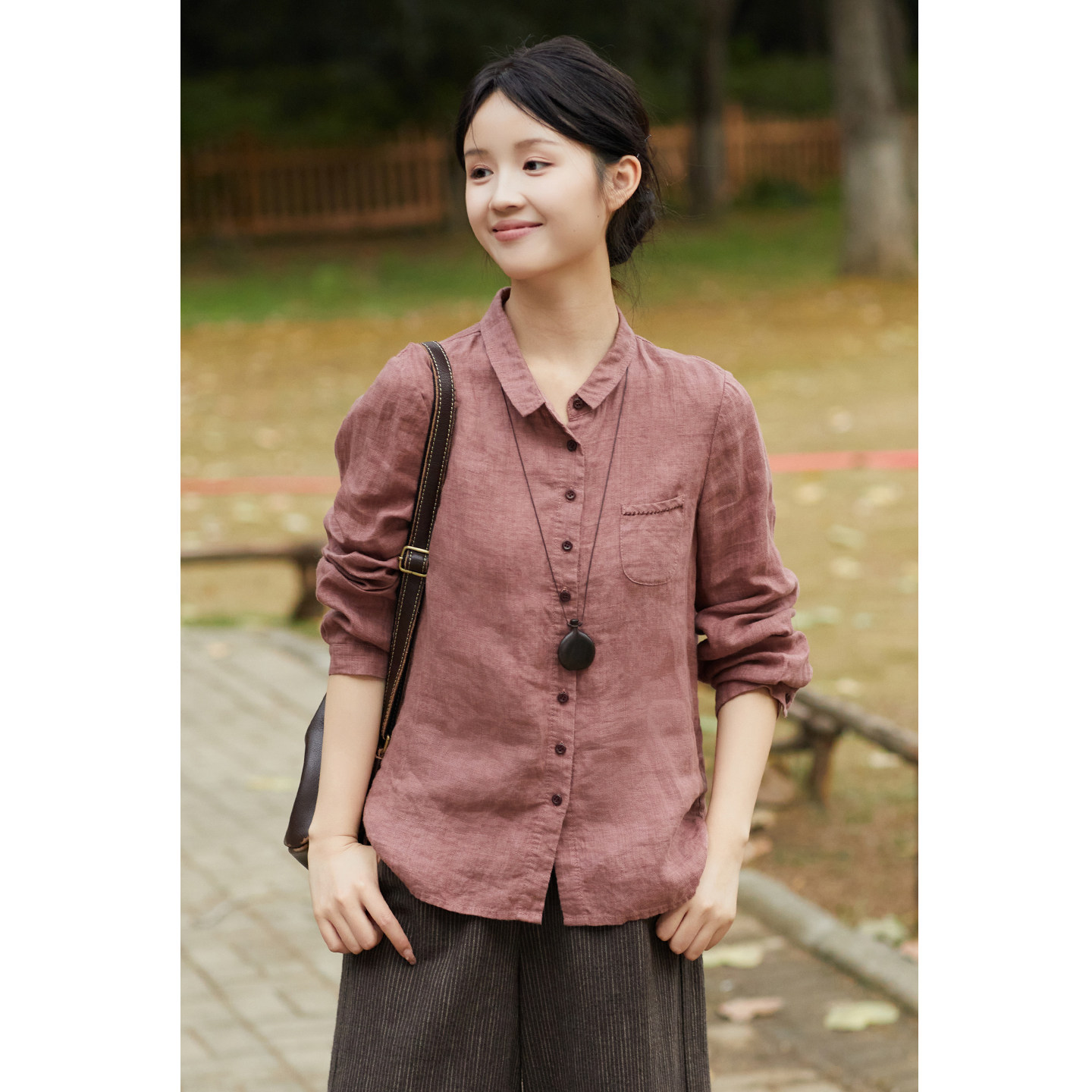 忘城A1041座/乌木繁花/秋冬新款17*21支色织亚麻文艺减龄百搭衬衫