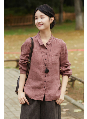 忘城A1041座/乌木繁花/秋冬新款17*21支色织亚麻文艺减龄百搭衬衫