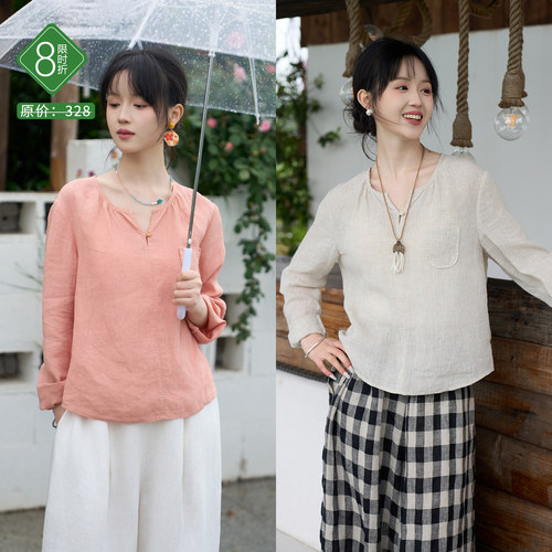 夏款21支干洗亚麻白色小衫女显瘦