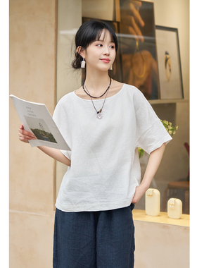 忘城H1543座/浅夏留白/春夏21支汉麻白色短袖T恤一字领小衫上衣
