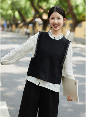 忘城H1288座/秋的背影/新款25支进口超细亚麻黑色花边背心女百搭