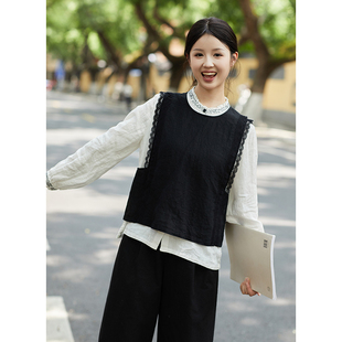 新款 背影 25支进口超细亚麻黑色花边背心女百搭 秋 忘城H1288座