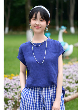 夏款17支亚麻圆领小飞袖T恤女
