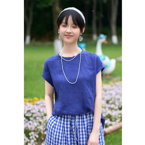 夏款17支亚麻圆领小飞袖T恤女