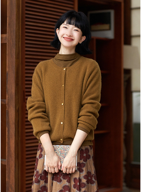 忘城A349座/枫糖拿铁/23冬新品26支3股绵羊毛驼绒开衫毛衣外套女