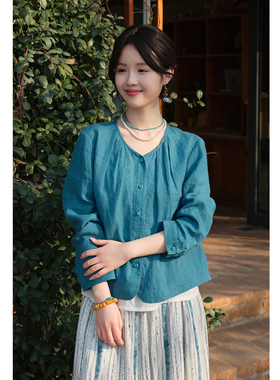 忘城H1524座/翎蓝叙语/26春14支色织亚麻孔雀蓝衬衫圆领文艺小衫