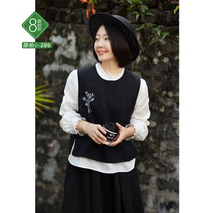 忘城C2111座 26春14支亚麻黑色绣花马甲女文艺百搭背心外穿 繁星