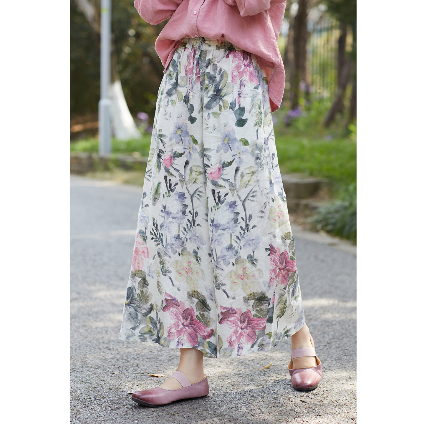 忘城N1022座/花影漫行/26春100%进口长丝亚麻印花阔腿裤九分裤子