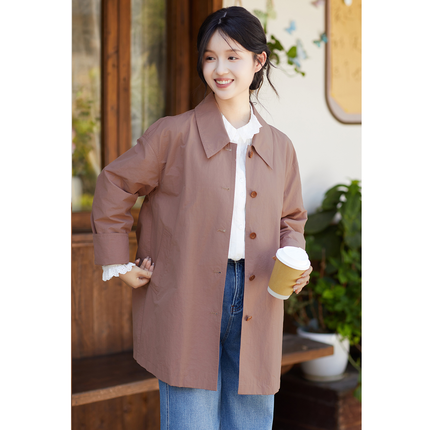 忘城T596座/柔雾玫瑰/秋季新款棉混纺气质翻领双层风衣外套中长款