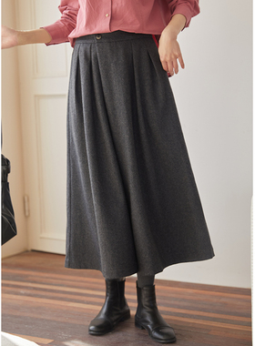 忘城T436座/自渡自愈/冬季520克重灰色八分双层羊毛毛呢阔腿裙裤