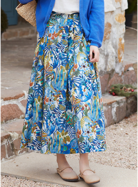 忘城H1118座/植一抹绿色/春季60支丝光长绒棉植物印花a字半身裙女