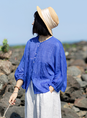 忘城T204座/风的期待/2023春夏深艳兰色苎麻风琴褶圆领小衫上衣
