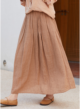 忘城A1031座/秋意梧桐/早秋新款21支色织加捻亚麻双层a字半身裙女